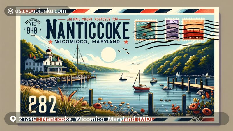 Modern illustration of Nanticoke, Wicomico, Maryland, featuring Roaring Point Park and Chesapeake Bay area, with a creative postal theme showcasing ZIP code 21840 and vintage-style stamps.