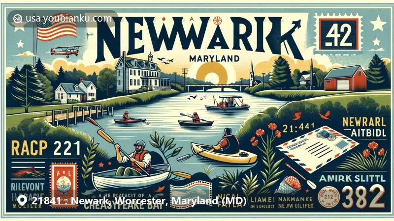 Modern illustration of Newark, Maryland, featuring ZIP code 21841, capturing small-town charm and outdoor activities like fishing and kayaking near the Chesapeake Bay, with serene landscapes and local biodiversity.