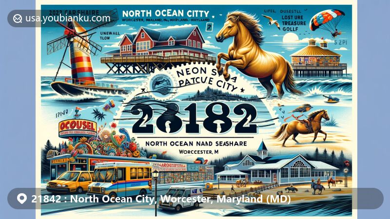 Contemporary artwork showcasing Zip code 21842, North Ocean City, Worcester, Maryland, featuring Assateague Island National Seashore, Ocean Gallery, Lost Treasure Golf, and Carousel Ice Skating Rink, melding postal motifs in a postcard style.