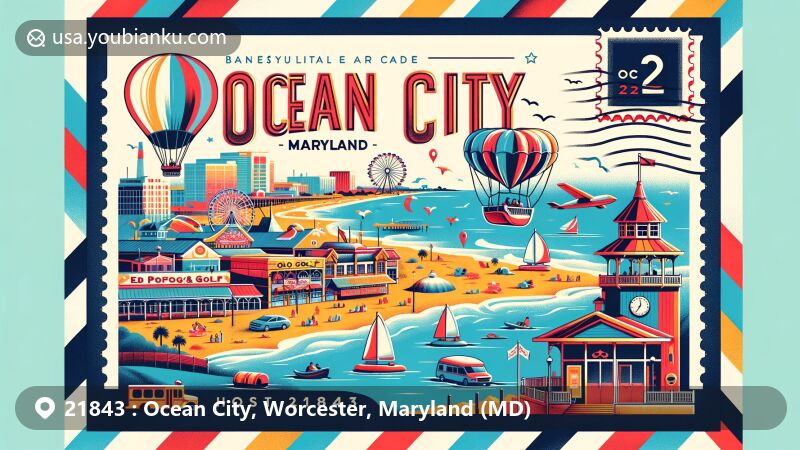 Vibrant wide-format illustration of Ocean City, Maryland, featuring ZIP code 21843, showcasing iconic landmarks including the Ocean City Boardwalk, beaches, parasailing, Old Pro Golf, Carousel Ice Skating Rink, and Maryland state symbols.
