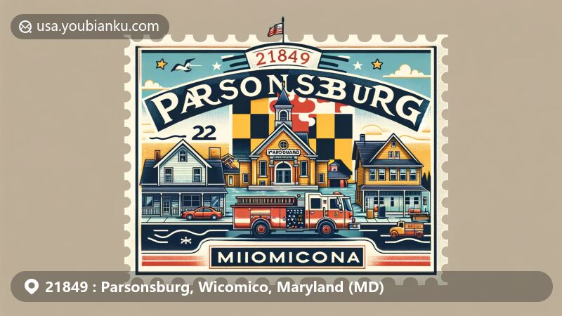 Modern illustration of Parsonsburg, Wicomico County, Maryland, featuring generic small-town elements, Maryland state flag, postal imagery with ZIP code 21849, and subtle nods to the DELMARVA region.
