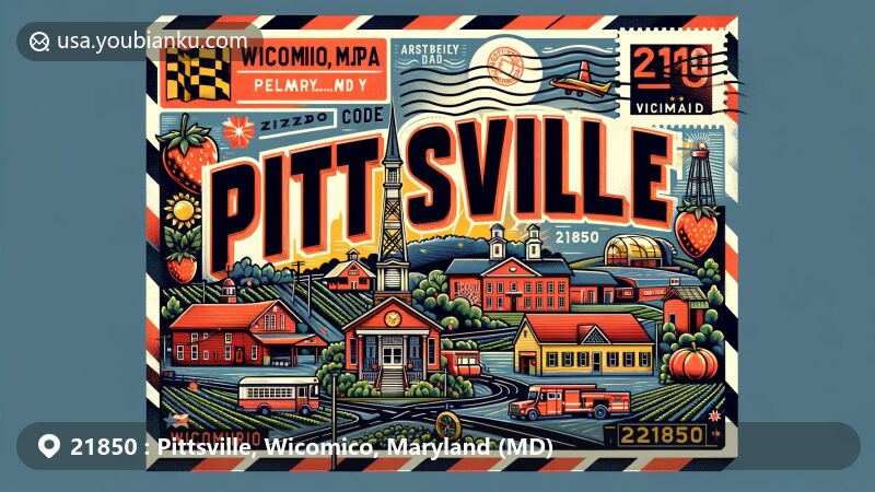 Modern illustration of Pittsville, Wicomico, Maryland, representing ZIP code 21850, featuring vintage postcard theme with airmail envelope border, showcasing agricultural heritage and landmarks like Pittsville Library and Fire Department.