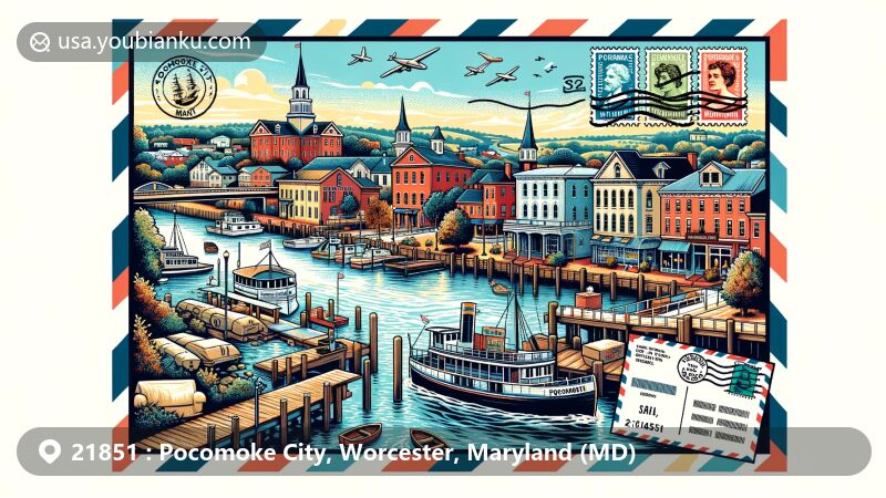 Modern illustration of Pocomoke City, Maryland, featuring the historic district and Delmarva Discovery Museum, with a postal theme incorporating ZIP code 21851, stamps, postmark, and airmail envelope border.