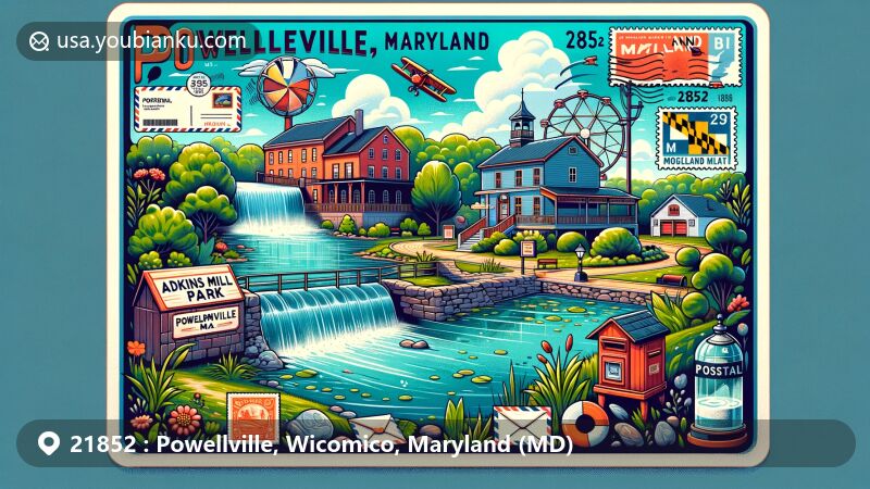 Contemporary illustration of Powellville, Maryland (Wicomico County), featuring Adkins Mill Park and postal theme with ZIP code 21852, incorporating Maryland state symbols in a bright color palette.