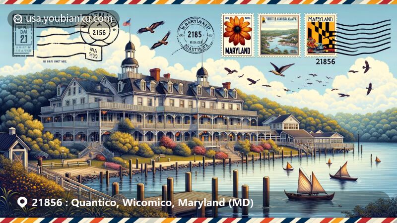 Modern illustration of ZIP code 21856 in Quantico, Wicomico, Maryland, showcasing Quantico and Whitehaven Hotel on Wicomico River with vintage postcard design, Maryland state bird and flower stamps.