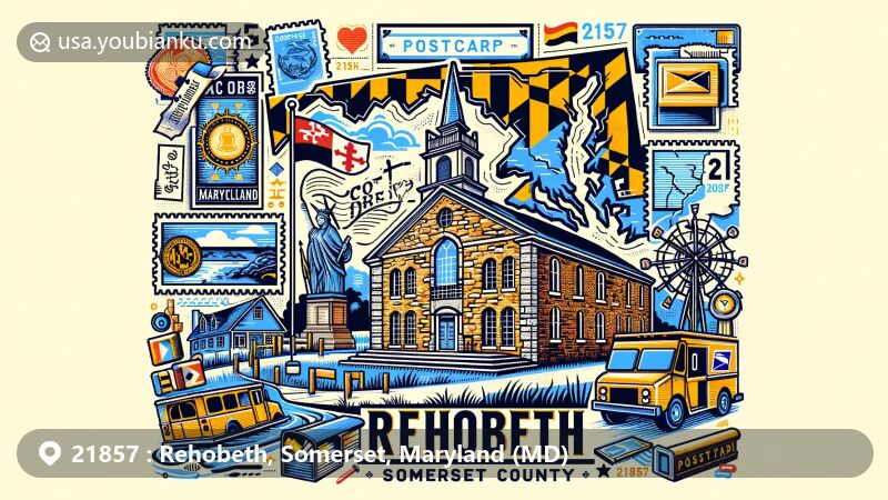 Modern illustration of Rehobeth, Somerset County, Maryland, showcasing ruins of Coventry Parish, Maryland state flag, postal elements, and ZIP code 21857 in a creative design.