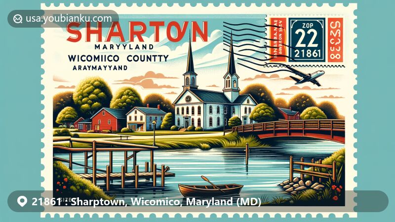 Contemporary illustration of Sharptown, Wicomico County, Maryland, featuring ZIP code 21861, showcasing the San Domingo School and postal motifs.