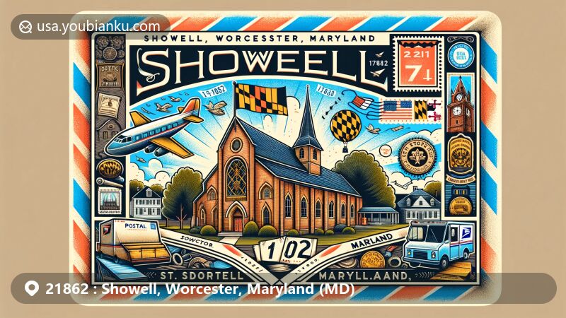 Modern illustration of Showell, Worcester County, Maryland, featuring a vintage airmail envelope with ZIP code 21862, showcasing Historic St. Martin's Church and Maryland state symbols.