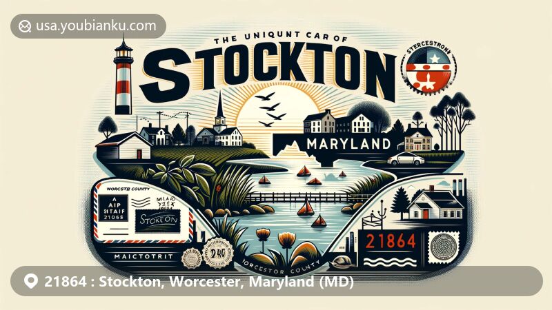 Modern illustration of Stockton, Worcester County, Maryland, featuring state symbols, postal elements, and ZIP code 21864, capturing the charm of East Coast small-town scenery.