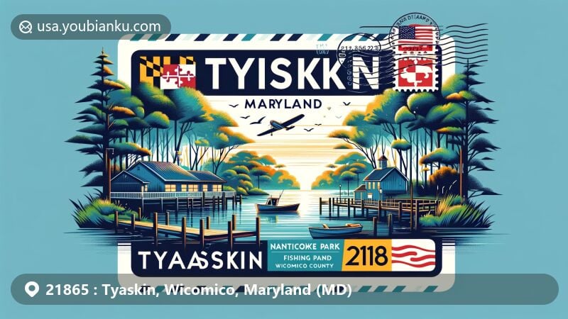 Captivating illustration of ZIP code 21865, Tyaskin, Maryland, featuring tree-covered landscapes by the Nanticoke River, Tyaskin Park with fishing pier, and serene tranquility. Design resembles a modern postcard with Maryland state flag and postal elements.