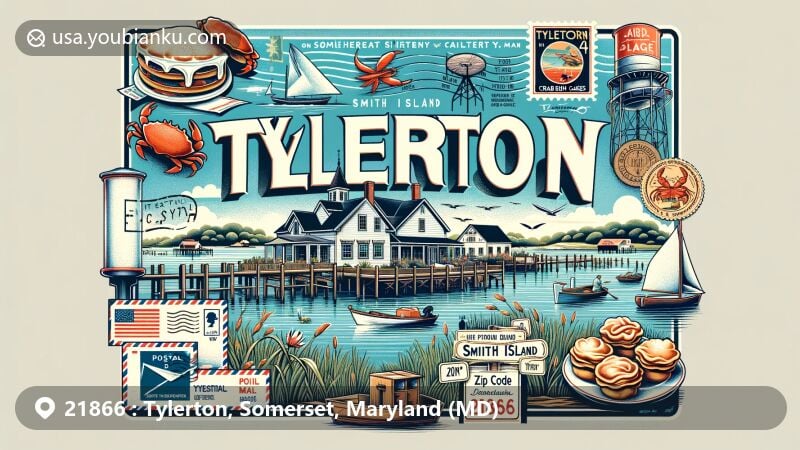 Modern illustration of Tylerton, Somerset County, Maryland, capturing the Chesapeake Bay culture with iconic elements like Smith Island cakes and crab cakes, featuring the Inn of Silent Music.