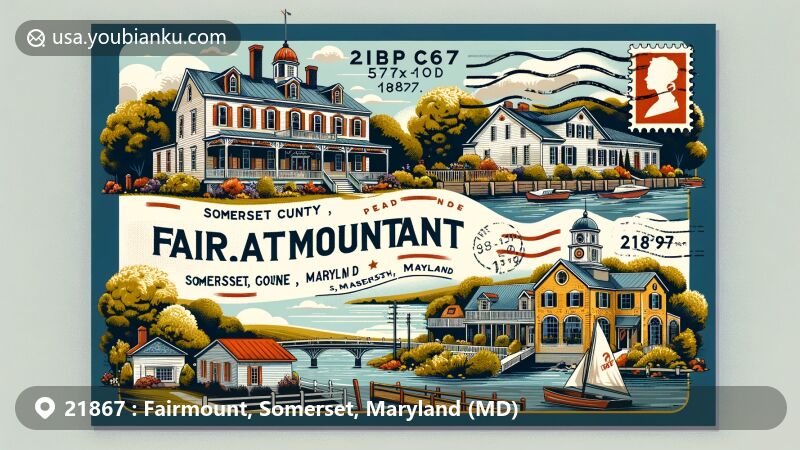 Creative postcard illustration of Fairmount, Somerset County, Maryland, showcasing rural allure, waterways, and historic Italianate architecture, with postal elements and ZIP code 21867.