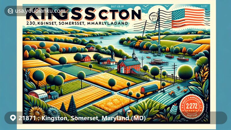 Modern illustration of Kingston, Somerset, Maryland, featuring rural and natural landscapes, including agricultural fields, tree farms, and the Big Annemessex River, blending Maryland state flag and postal elements with ZIP code 21871.
