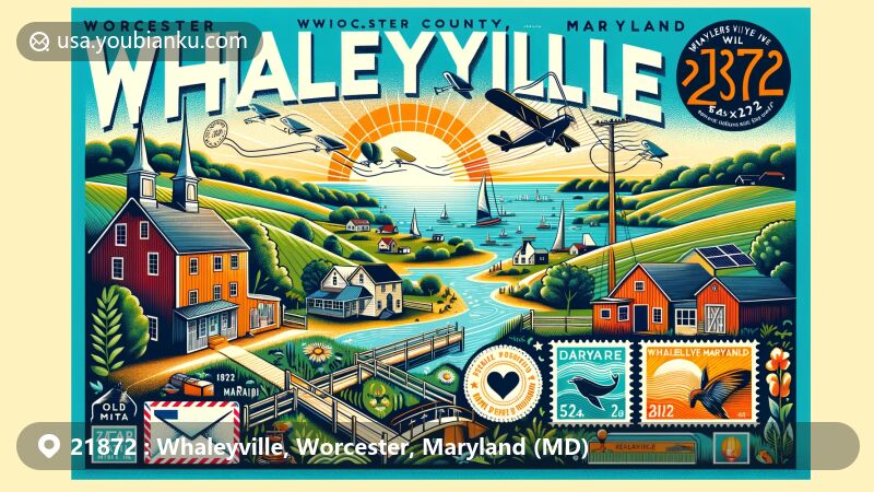 Modern illustration of Whaleyville, Worcester County, Maryland, capturing ZIP Code 21872 area with scenic rural landscape, outdoor activities, and small-town charm.