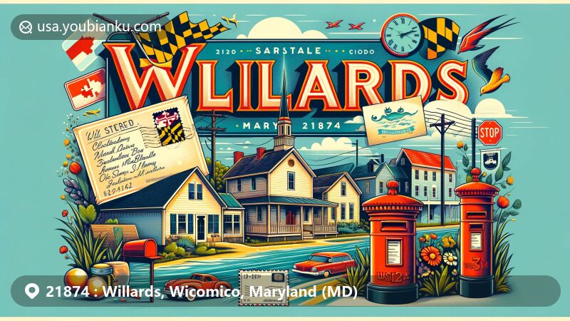 Modern illustration of Willards, Maryland, showcasing postal theme with ZIP code 21874, featuring Maryland state symbols and charming town scene.