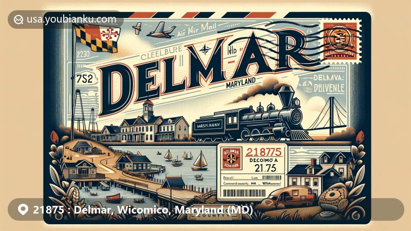 Modern illustration of Delmar, Maryland, in Wicomico County, showcasing vintage air mail envelope frame with railway motif and community life illustrations, featuring Delmarva Peninsula outline, Maryland state flag stamp, and postal marks with ZIP code 21875 and Wicomico County.