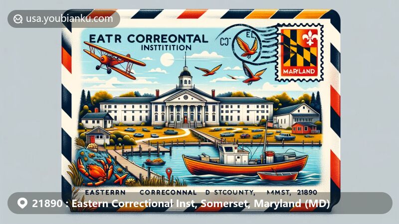 Modern illustration of Eastern Correctional Institution in Somerset County, Maryland, featuring vintage air mail envelope with Maryland state flag stamp and ZIP code 21890, surrounded by Chesapeake Bay, crab fishing boats, and lush countryside.