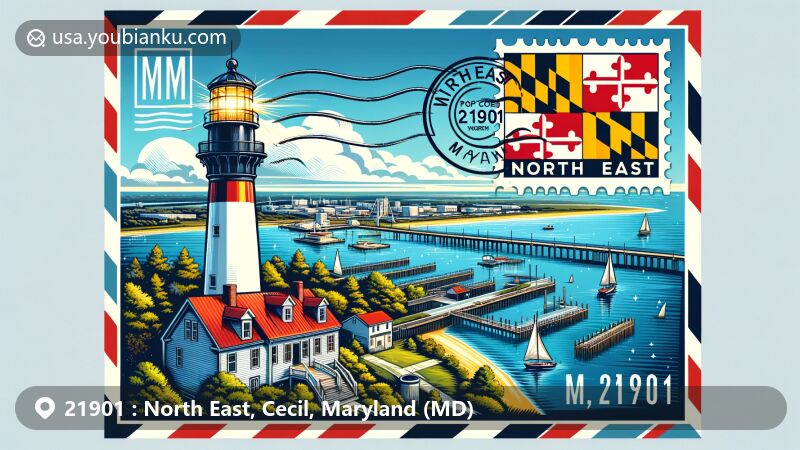 Modern illustration of North East, Maryland, showcasing postal theme with ZIP code 21901, featuring Chesapeake Bay, Turkey Point Lighthouse, and Elk Neck State Park.