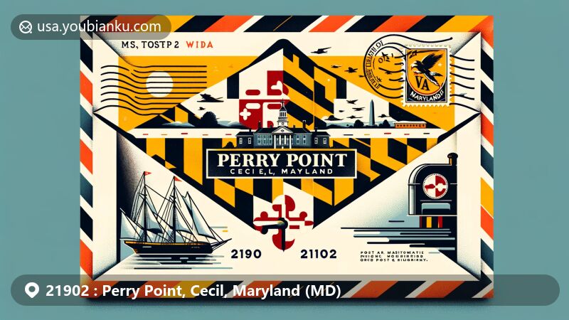 Modern illustration of Perry Point, Cecil, Maryland, with postal theme featuring zipcode 21902 and Maryland state flag elements in black, yellow, red, and white, highlighting the VA Medical Center. Framed in an airmail envelope with postage stamp, postmark, and mailbox.