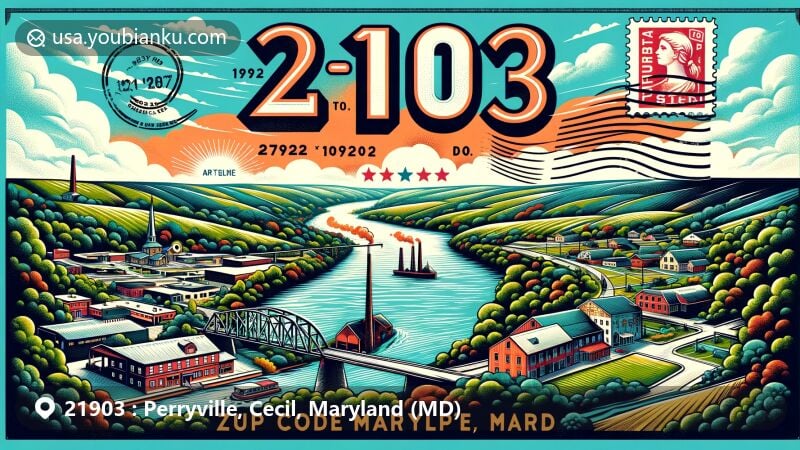 Modern illustration of Perryville, Maryland, focusing on Susquehanna River, a prominent landmark. Features historical elements like Principio Furnace and Perry Point Veteran's Medical Center, highlighting town's rich history and community services. Background showcases scenic beauty with rolling hills and lush green vegetation. Includes stylized postcard or airmail envelope with stamps and postmarks, symbolizing postal identity with ZIP code 21903.