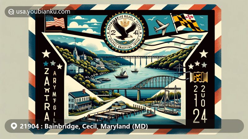 Modern illustration of Bainbridge, Cecil County, Maryland, featuring airmail envelope design with Bainbridge Naval Training Center, Susquehanna River, Chesapeake Bay, and Maryland state flag.