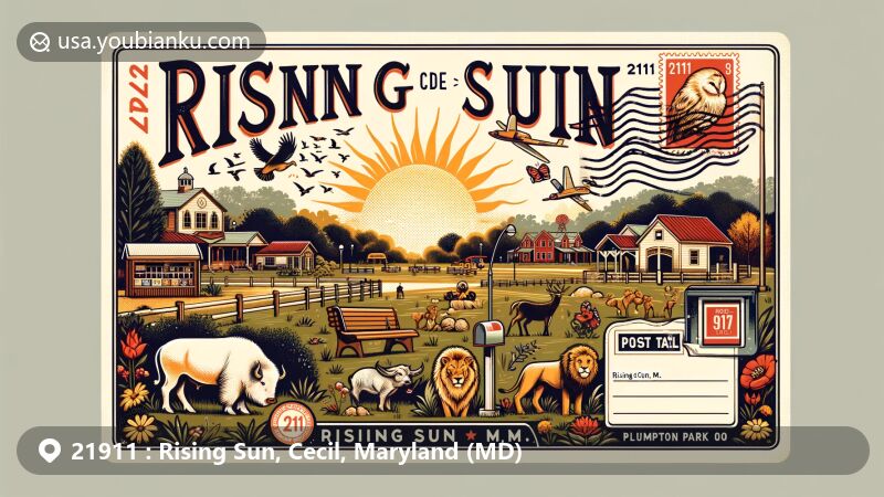 Modern illustration of Rising Sun, Cecil County, Maryland, highlighting postal theme with ZIP code 21911, including Veterans Community Park and Plumpton Park Zoo.