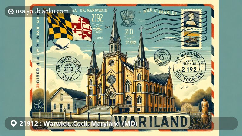 Modern illustration of St. Francis Xavier Church in Warwick, Maryland, with Maryland state flag waving in background, integrated into vintage postcard with stamps, postmark, and ZIP code 21912.