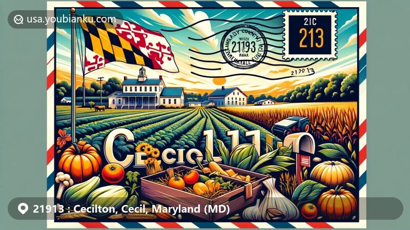Modern illustration of Cecilton, Maryland, featuring state flag, Cecil County outline, Greenfields estate, Maryland Route 213, postal elements, and ZIP code 21913.