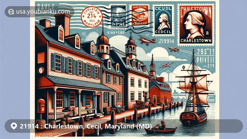 Modern illustration of Charlestown, Cecil County, Maryland, capturing colonial architecture and historic landmarks, such as the Red Lyon Tavern, Cecil Cooper House, and Charlestown Town Hall, blended with modern postal symbols and a colonial port setting.