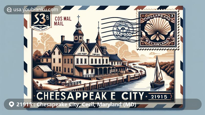 Modern illustration of Chesapeake City, Maryland, showcasing historic architecture and the Chesapeake & Delaware Canal, incorporating elements of Maryland's state flag.