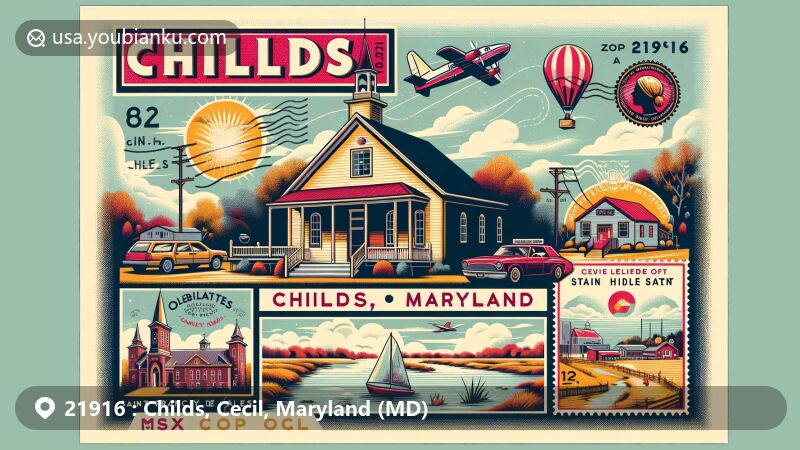 Modern illustration of Childs, Maryland, celebrating ZIP code 21916 and highlighting postal and cultural elements like Childs Post Office, Oblates of Saint Francis de Sales, Cecil County Fair, and Little Elk Creek.