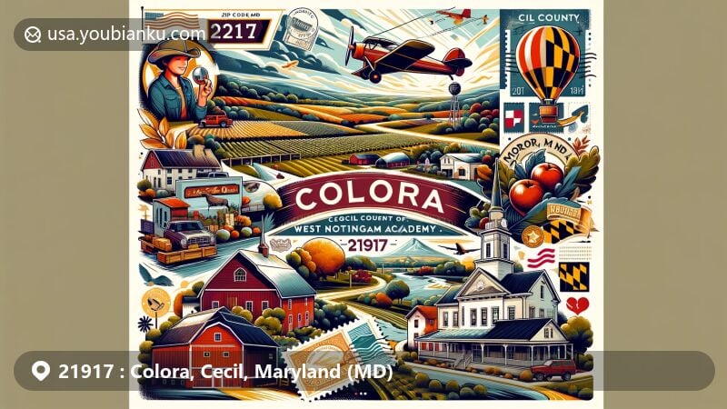 Modern illustration of Colora, Cecil County, Maryland, capturing rural charm and local landmarks, featuring Colora Orchards, West Nottingham Academy, vintage postal elements, and ZIP code 21917.
