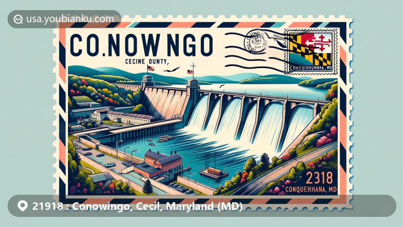 Modern illustration of Conowingo Dam in ZIP code 21918, Conowingo, Cecil County, Maryland, featuring aerial view and scenic Susquehanna River, with postcard design elements and Maryland state flag stamp.