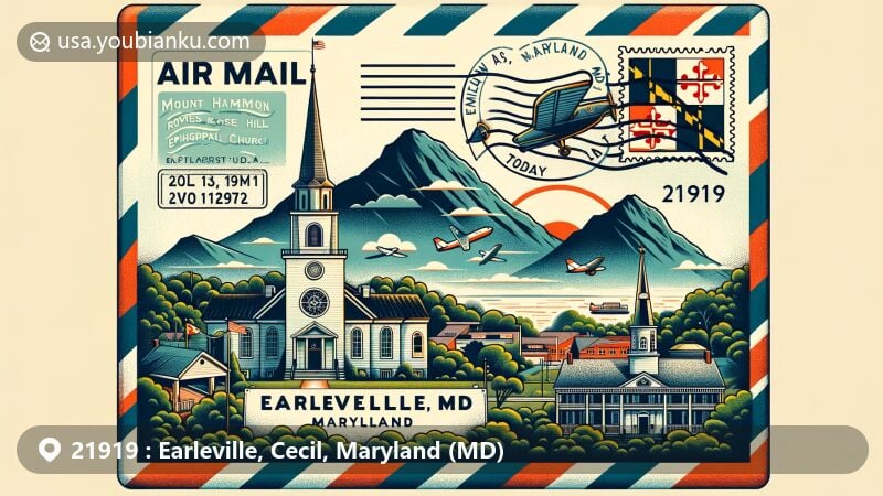 Modern illustration of Earleville, Maryland, featuring historical and cultural landmarks like Mount Harmon, Rose Hill, and St. Stephen's Episcopal Church, with Maryland state flag and '21919' ZIP Code.