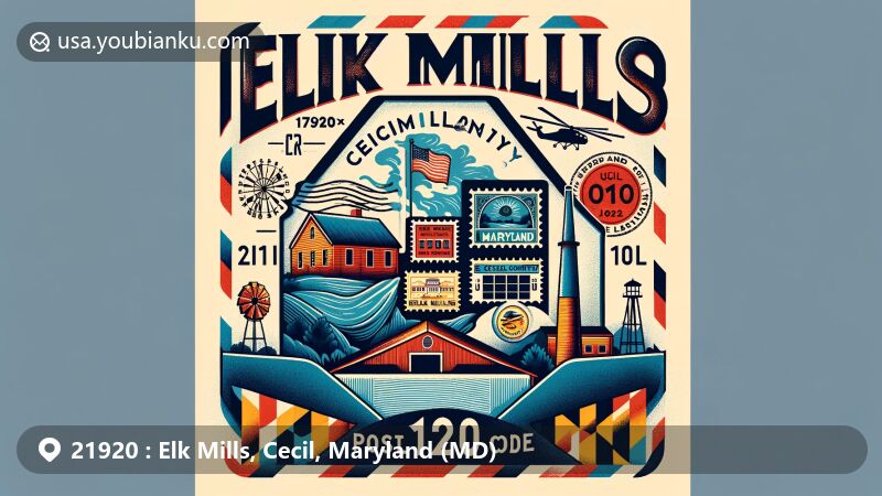 Modern illustration of Elk Mills, Cecil County, Maryland, capturing postal essence with ZIP code 21920, vintage air mail envelope, and vibrant Maryland state symbols.