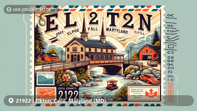 Modern illustration of Elkton, Cecil County, Maryland, highlighting iconic symbols Holly Hall and Gilpin's Falls Covered Bridge, with a vintage postal theme and nod to the town's elopement history.