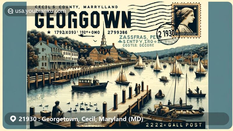 Modern illustration of Georgetown, Cecil County, Maryland, featuring Sassafras River, harbor with boats and people, vintage postage stamp with Maryland state flag, '1736' postal mark, and ZIP code 21930.