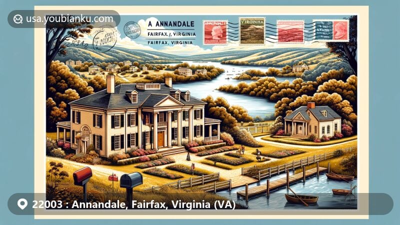 Modern illustration of Annandale, Fairfax County, Virginia, capturing the essence of ZIP code 22003 area as a postcard, featuring Oak Hill historic home and scenic Accotink Creek and Lake.