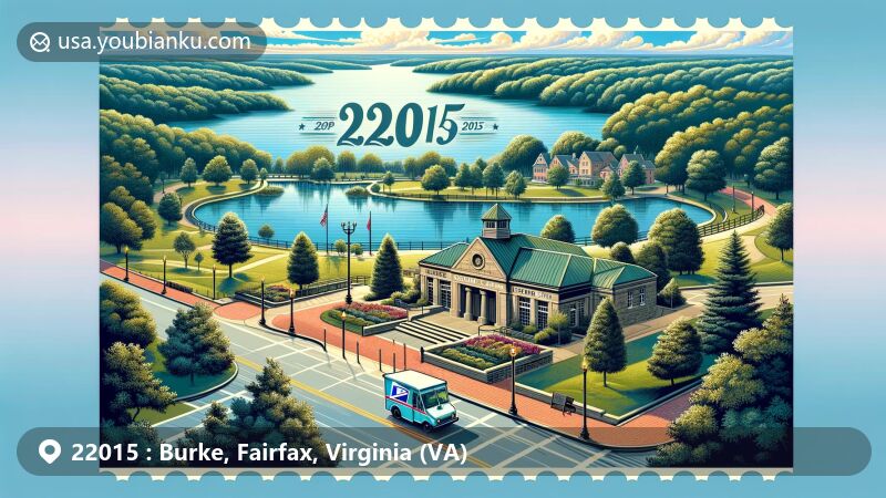 Modern illustration of Burke, Fairfax, Virginia, featuring ZIP code 22015, showcasing Burke Lake Park and lush greenery. Includes elements symbolizing postal heritage. Captures the area's history and community spirit.