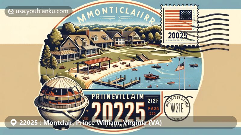 Modern illustration of Montclair, Prince William County, Virginia, highlighting the community's key landmarks - a man-made lake with Dolphin Beach amenities and a golf course, with a subtle representation of the Barnes House and postal elements for ZIP code 22025.