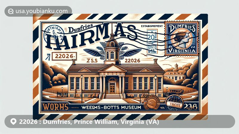 Modern illustration of Dumfries, Virginia, featuring vintage airmail envelope with Weems-Botts Museum, highlighting historical architecture, Merchant Park, and postal elements like stamp, postmark, and ZIP Code 22026.