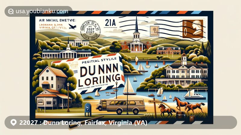 Modern illustration of Dunn Loring, Fairfax County, Virginia, showcasing regional and postal style with ZIP code 22027, featuring local parks, historical buildings, and iconic postal elements.