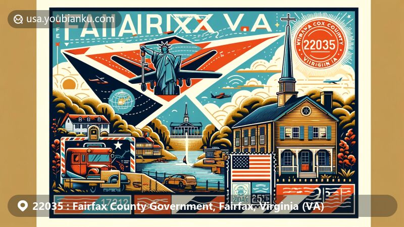 Modern illustration of Fairfax County, Virginia, highlighting ZIP code 22035 with airmail envelope, postage stamp, postal mark, and Mount Gilead 18th-century house and tavern. Includes Gunston Hall and Virginia state flag, showcasing region's history and culture.