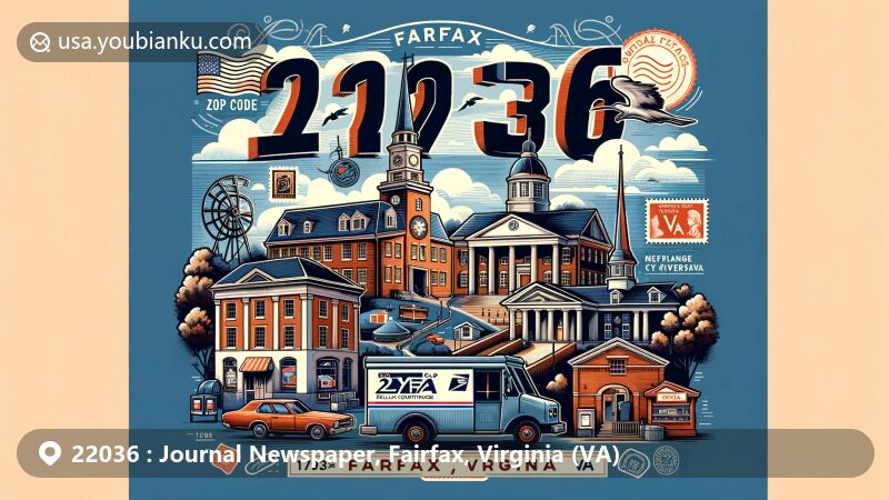 Modern illustration of ZIP code 22036 in Fairfax, Virginia, featuring Old Town Fairfax, Fairfax Courthouse, and George Mason University, incorporating symbols of postal heritage with vintage postcard, postal truck, and mailbox.
