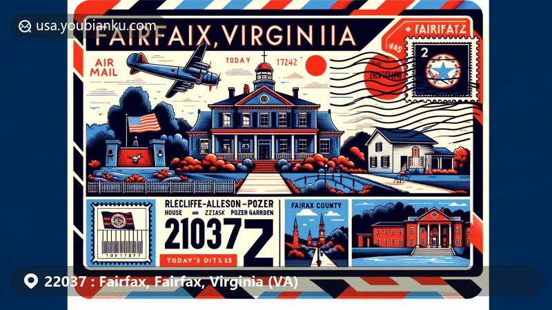 Modern illustration of ZIP code 22037 in Fairfax, Virginia, resembling a creative postcard with historical and cultural elements like Blenheim historic site, Ratcliffe-Allison-Pozer House, and Fairfax County Courthouse, featuring Virginia state flag and vintage air mail design.