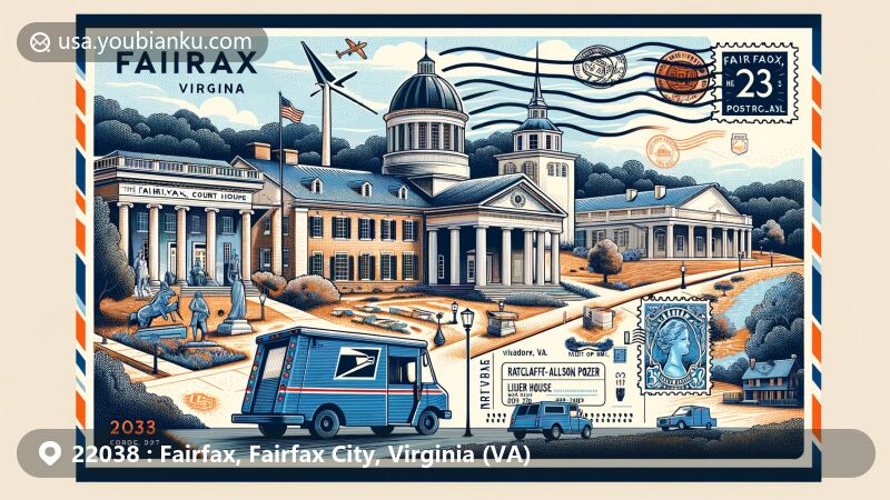 Modern illustration of Fairfax, Virginia, combining historical and cultural landmarks like Fairfax Court House, Ratcliffe-Allison-Pozer House, and Blenheim with postal themes and motifs, ZIP code 22038 featured.