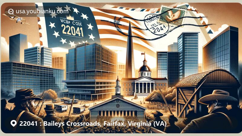 Modern illustration of Baileys Crossroads, Virginia, showcasing postal theme with ZIP code 22041, featuring historical and modern landmarks like Skyline Center and Civil War history.