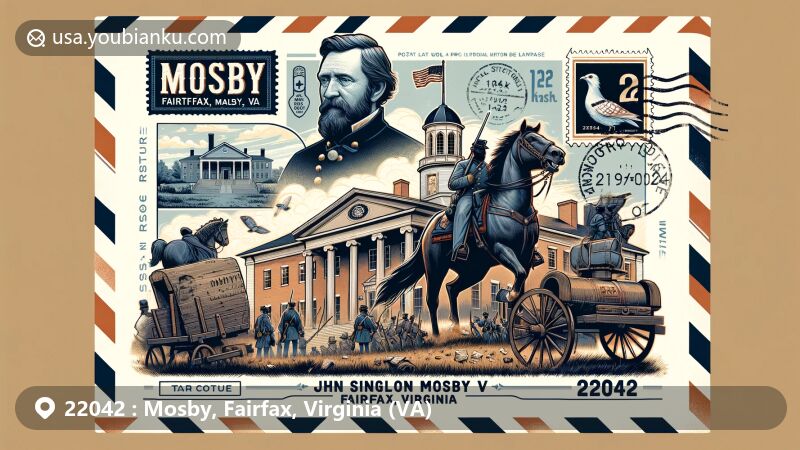 Historical illustration of Mosby, Fairfax, Virginia, portraying the Civil War era with Fairfax County courthouse, John Singleton Mosby, and his raiders, set against a vintage air mail envelope with a postal stamp and mailbox.