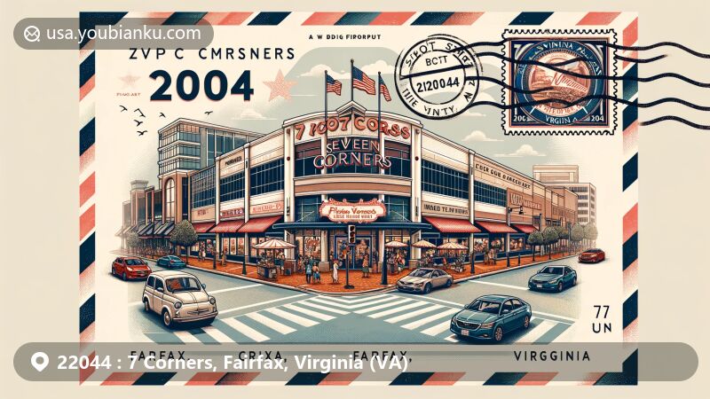 Modern illustration of 7 Corners, Fairfax, Virginia, featuring Seven Corners Shopping Center and Pistone's Italian Inn, with vintage postcard motif and Virginia state flag stamp.