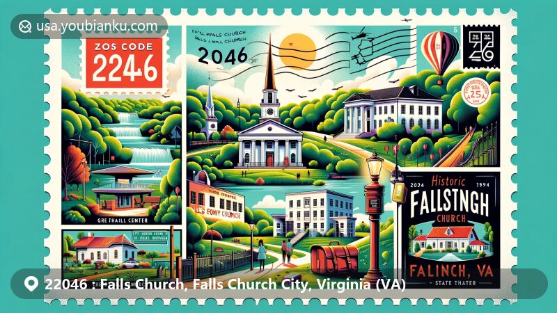 Modern illustration of Falls Church, Virginia, showcasing local landmarks like ArtSpace Falls Church, Cherry Hill Farmhouse, Eden Center, Historic Falls Church, Tinner Hill, and The State Theater, with postal elements such as vintage stamp, postmark, and mail carrier's bag, against a backdrop of green parks and trails.